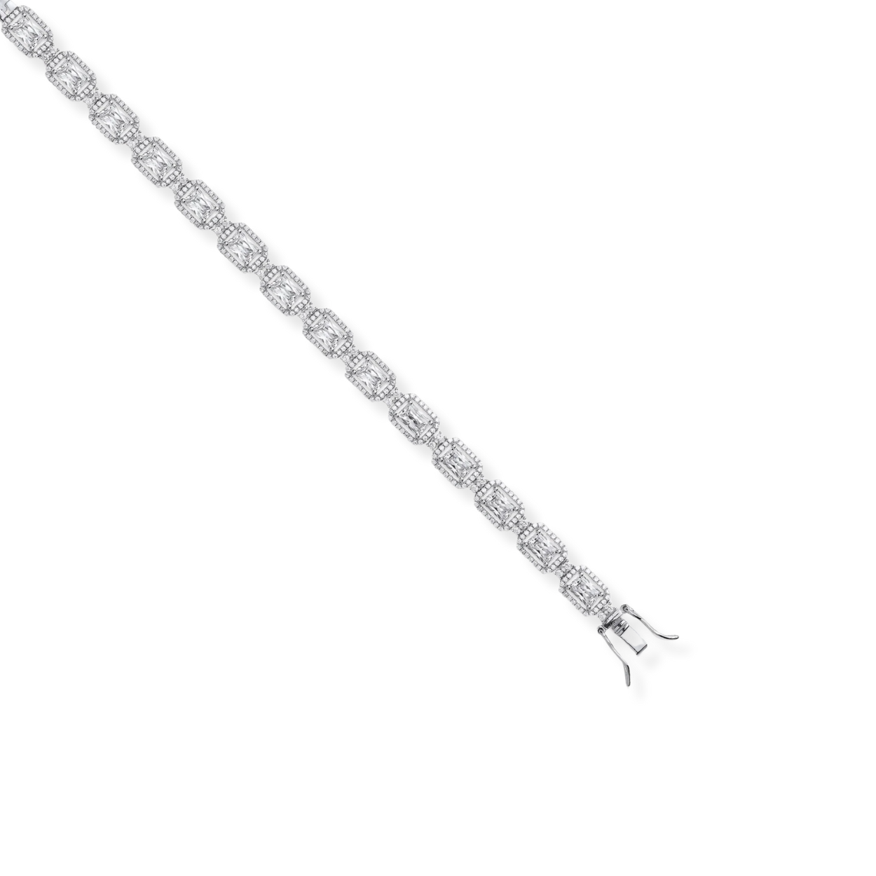 Bracelet tennis en argent avec zircones cubiques transparents taille émeraude en halo