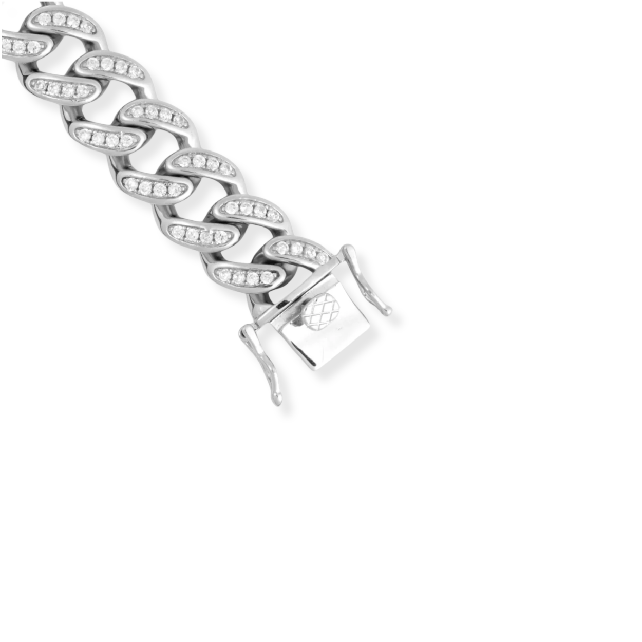 Chaîne gourmette en argent 12 mm avec zircones cubiques et maillons arrière unis