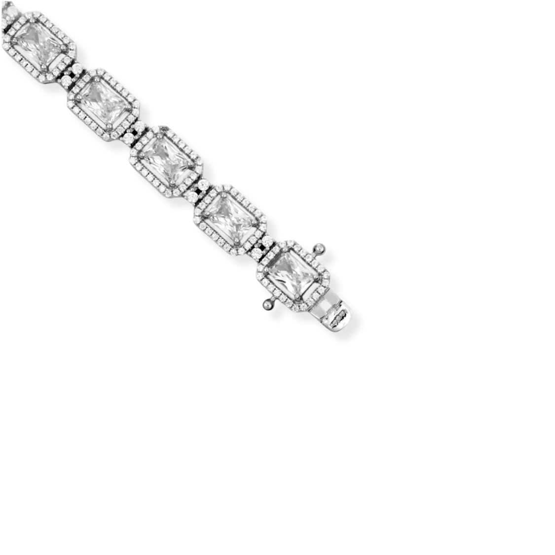 Bracelet tennis en argent avec zircones cubiques transparents taille émeraude en halo