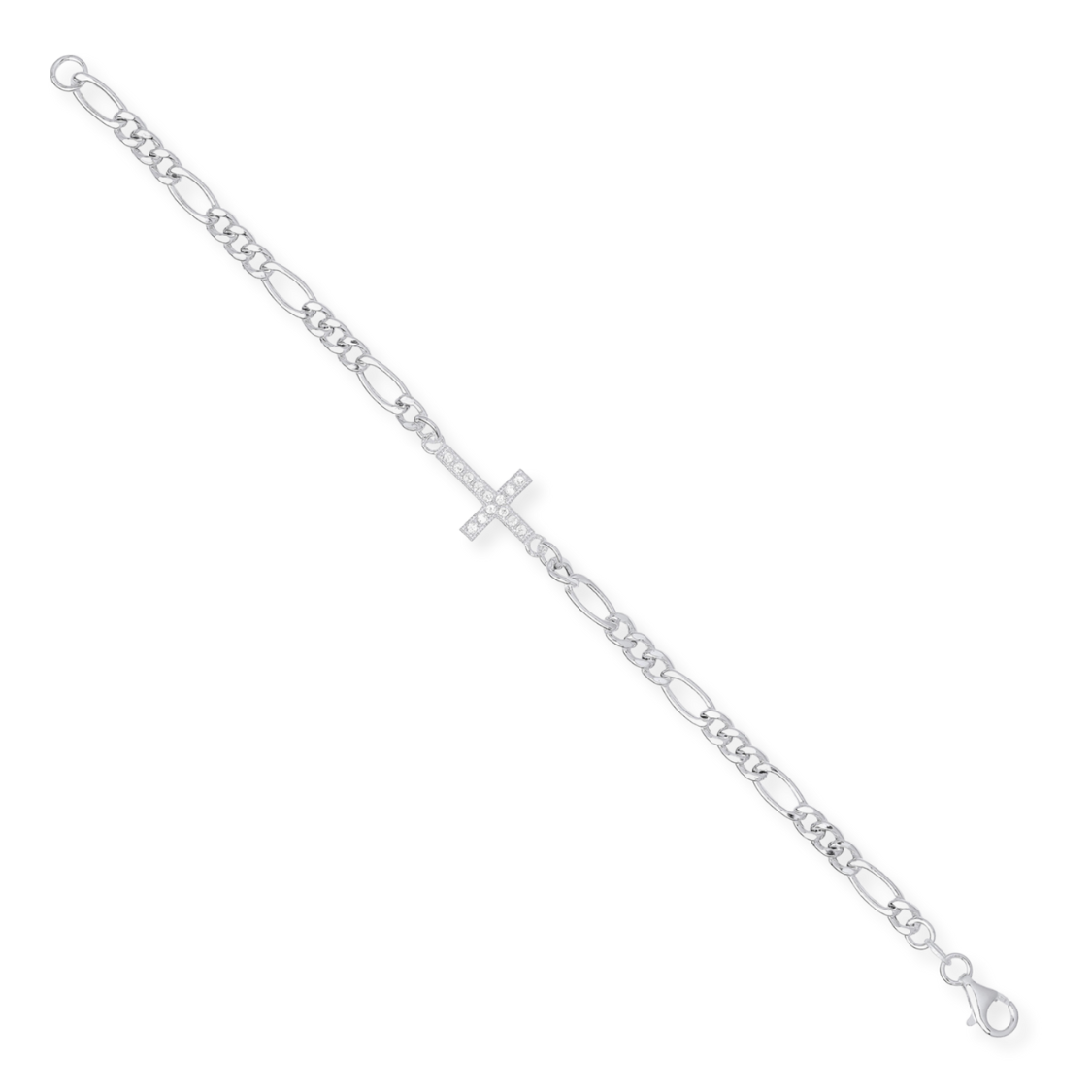 Silver Figaro Chain with CZ Cross Bracelet - 7"