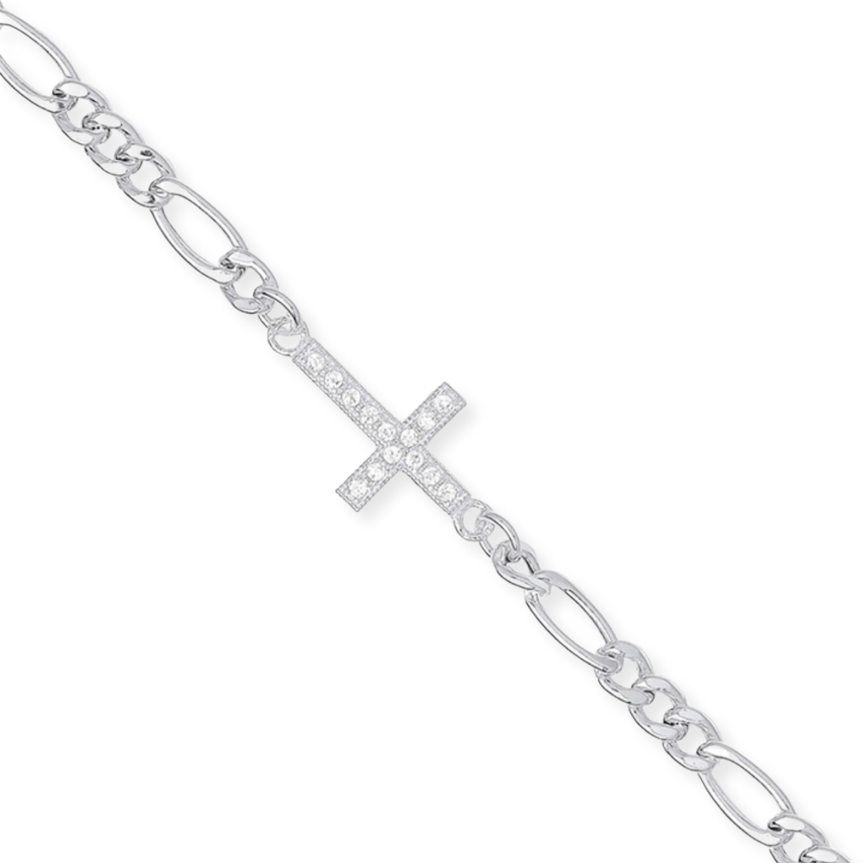 Silver Figaro Chain with CZ Cross Bracelet - 7"