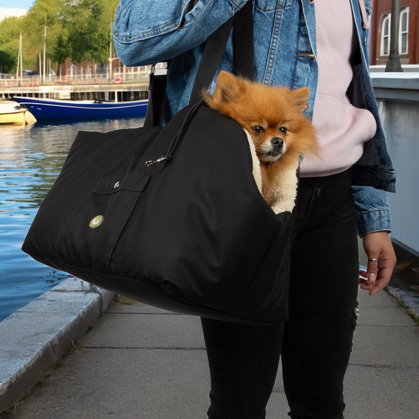 Luxury Bear Black & Beige Pet Carrier with Zipper
