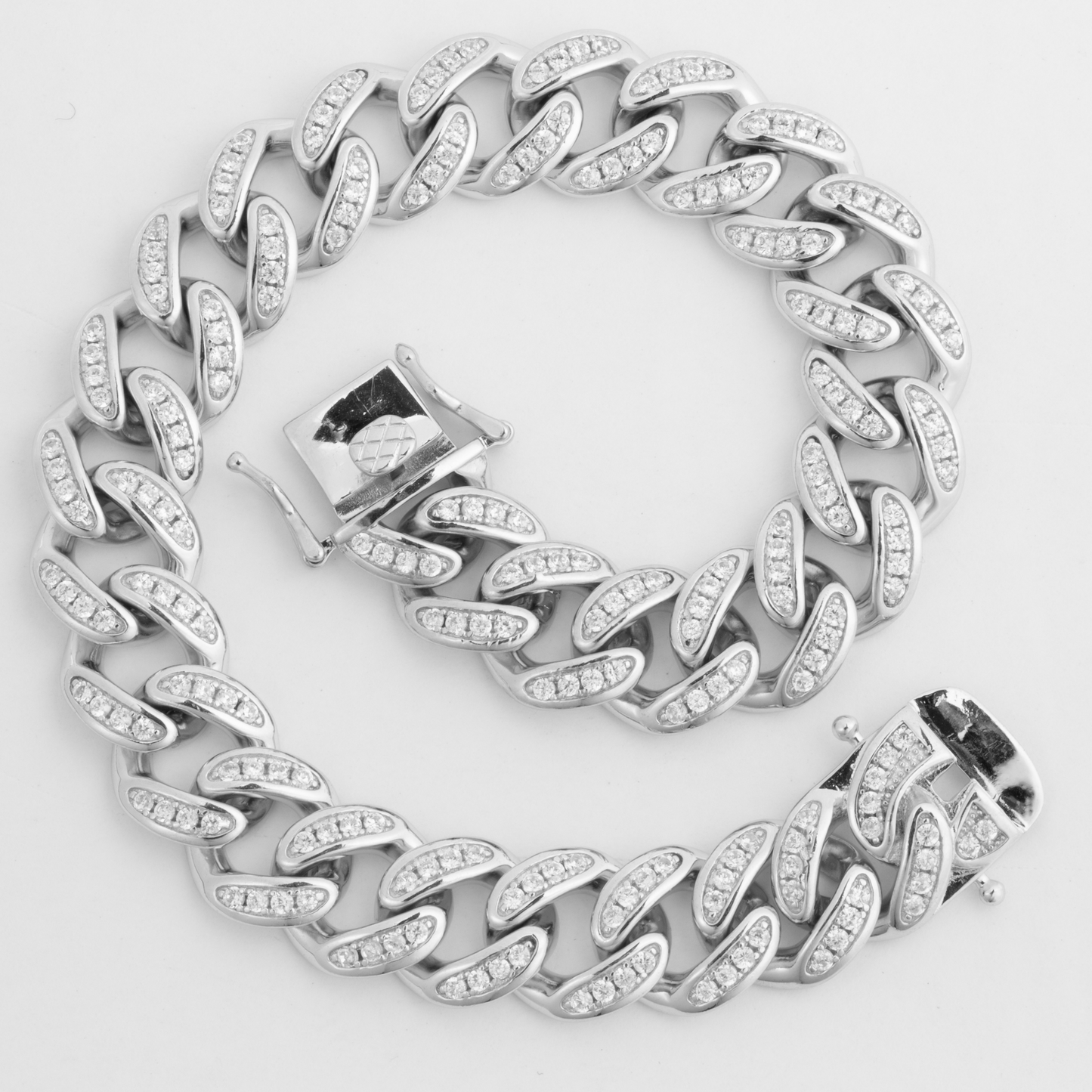 Chaîne gourmette en argent 12 mm avec zircones cubiques et maillons arrière unis