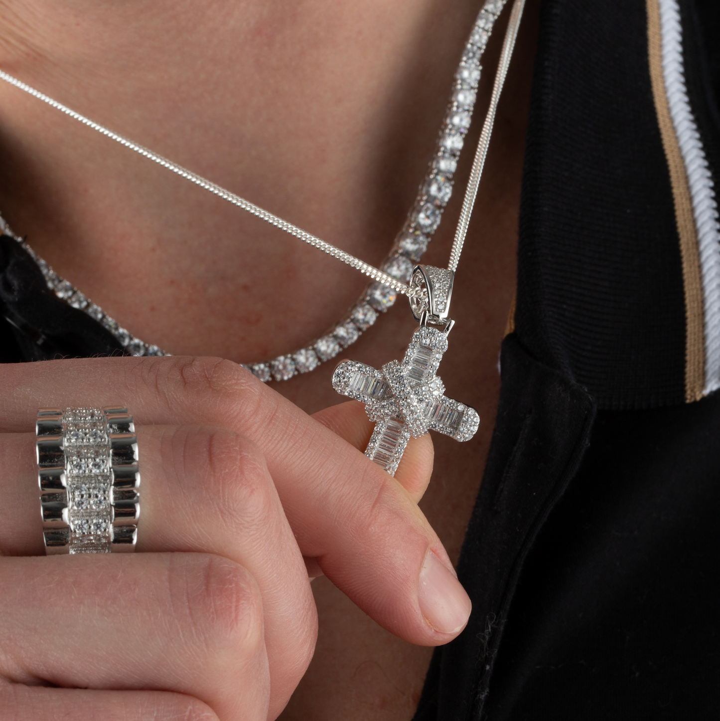 Silver Round & Baguette CZs Kiss Cross