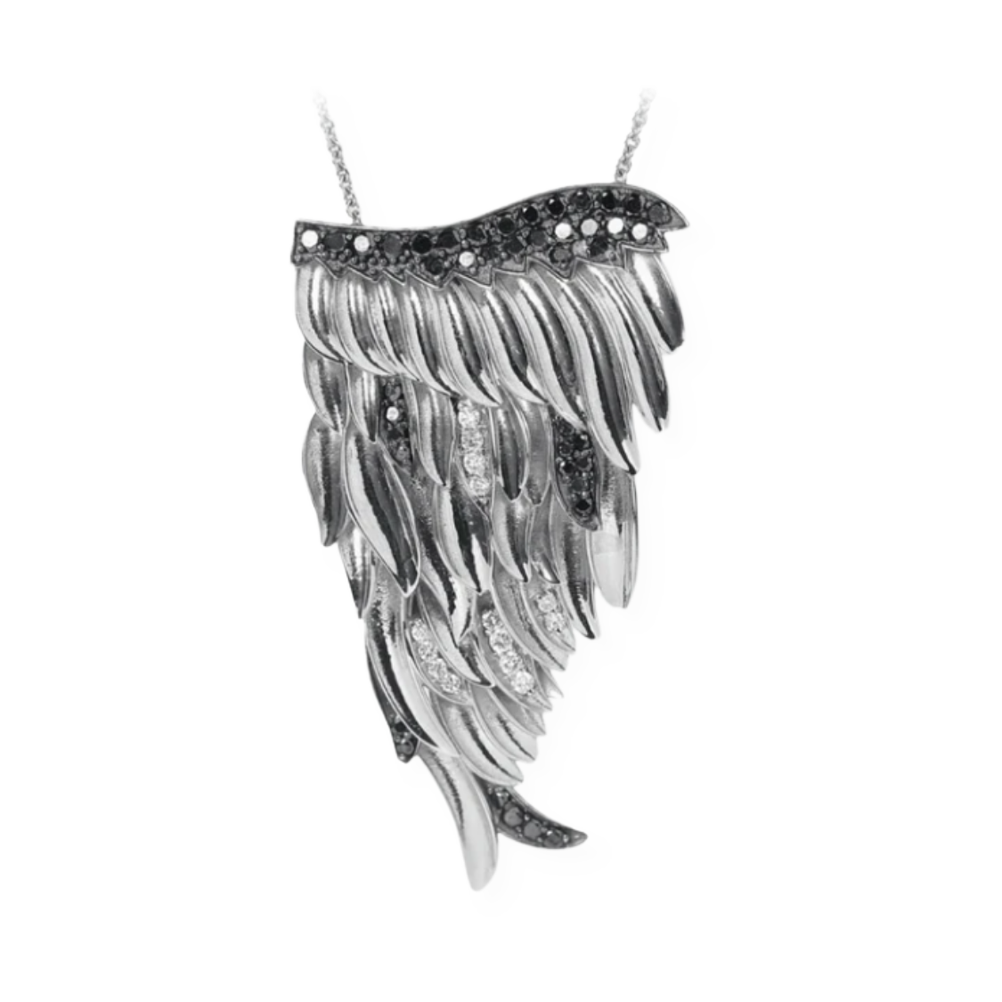 Silver, White Diamond & Black Diamond Angel Large Wing Pendant