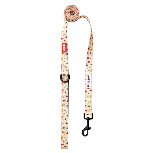 Dog leash with floral pattern and brand logo on a white background